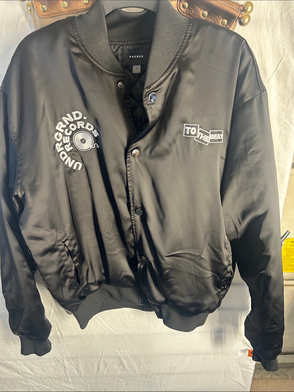 PacSun Black Satin Bomber Jacket with 'To The Beat' & Underground Records Logos